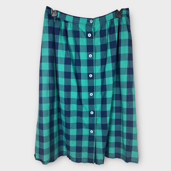 Vintage Button Front Walbusch Plaid A-line midi skirt blue green pockets Size 8 - Picture 1 of 8